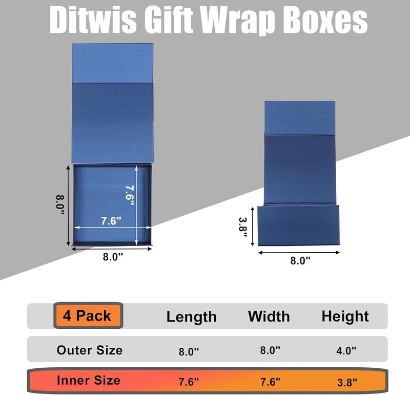 Ditwis 4 Pack 8x8x4 Inches Gift Boxes with Magnetic Closure Lids, Blue Magnetic Box for Wedding, Groomsmen Bridesmaid Proposal, Birthdays, Mother's Day - Image 2